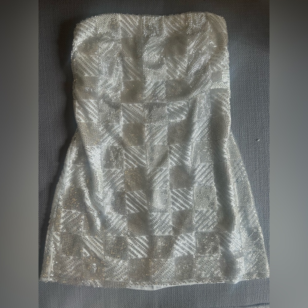 Hand Beaded White and Silver Checkerboard Dress
